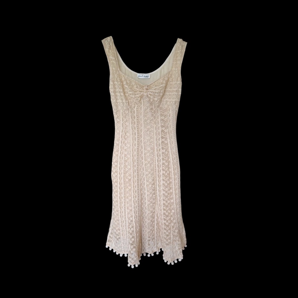 70's Elana Kattan Cream Lace Pom Pom Hem Midi Dress Sleeveless Sweetheart Neck